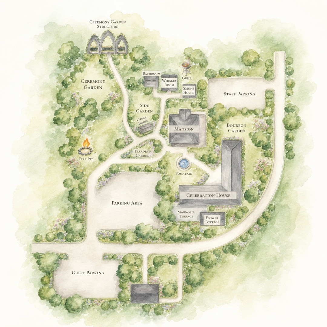 Watercolor map of Wildflower 301 showing the Ceremony Garden, Mansion, Celebration House, Magnolia Terrace, Flower Cottage, gardens, and parking areas